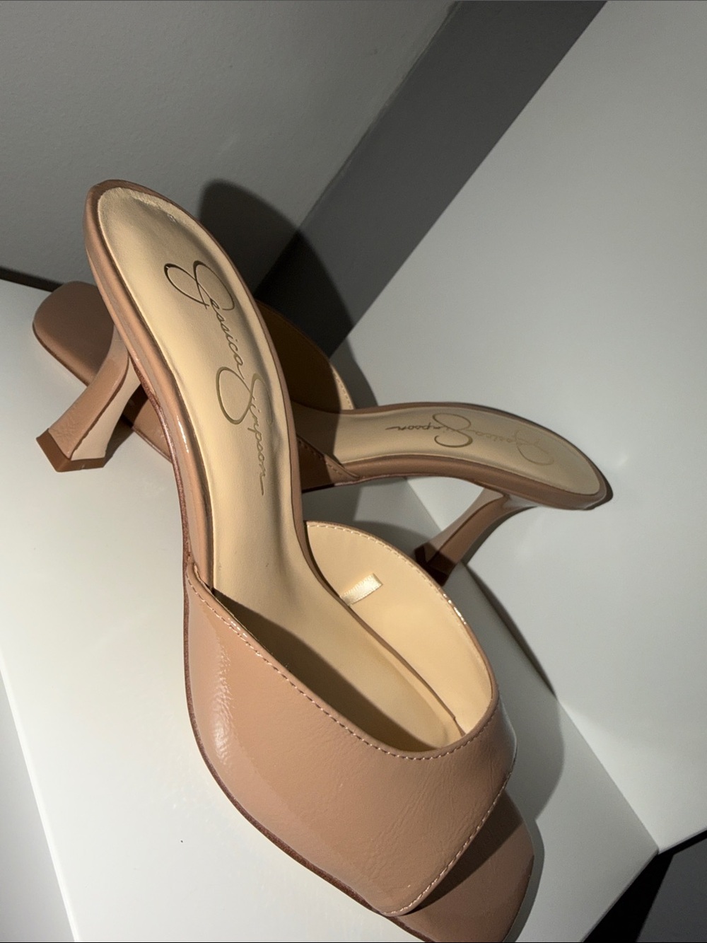 Jessica Simpson Blush Tan Patent Open-Toe Mule Heels